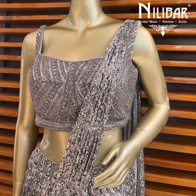 Grey Net Draped Saree
