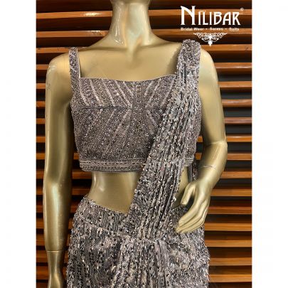 Grey Net Draped Saree