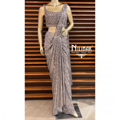 Grey Net Draped Saree