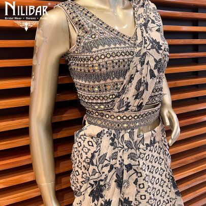 Cream Crepe Draped Saree