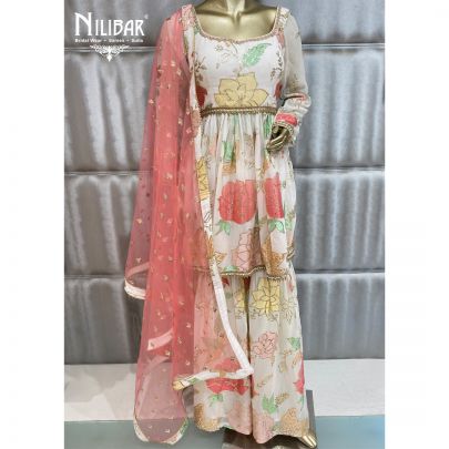 Powder White Georgette Palazzo Suit