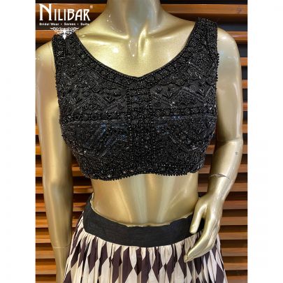 Black and White Crepe and Net Lehenga Set