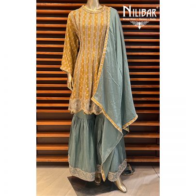 Mustard with Contrast Mint Crepe Sharara Suit