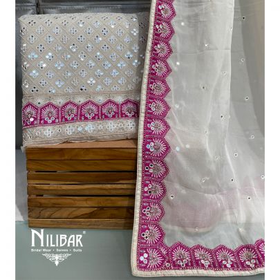 White Pink Organza Unstitched Suit