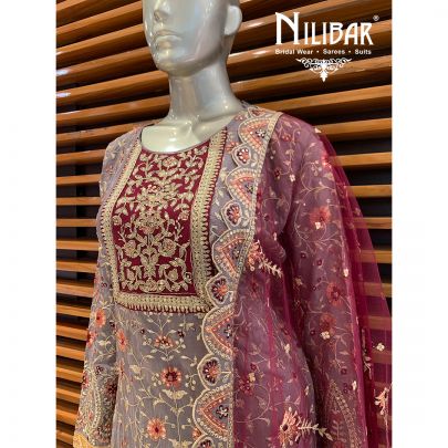 Spanish Gray with Contrast Mehroon Georgette Palazzo Suit