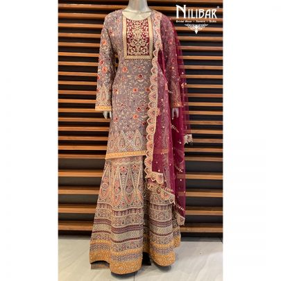 Spanish Gray with Contrast Mehroon Georgette Palazzo Suit