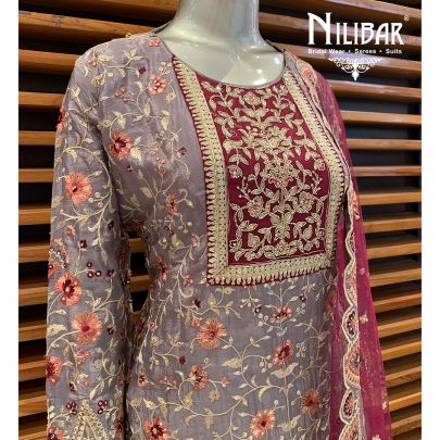 Spanish Gray with Contrast Mehroon Georgette Palazzo Suit