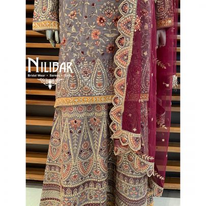 Spanish Gray with Contrast Mehroon Georgette Palazzo Suit