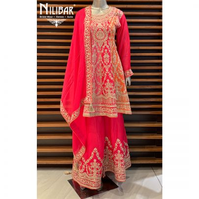 Hot Pink Crepe Long Peplum Suit