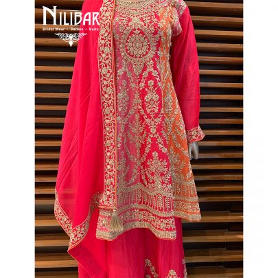 Hot Pink Crepe Long Peplum Suit