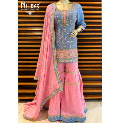 Blue and Pink Georgette Garara Suit Set