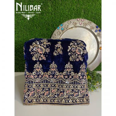 Berry  Blue and Salmon Pink Velvet Unstitched Suit