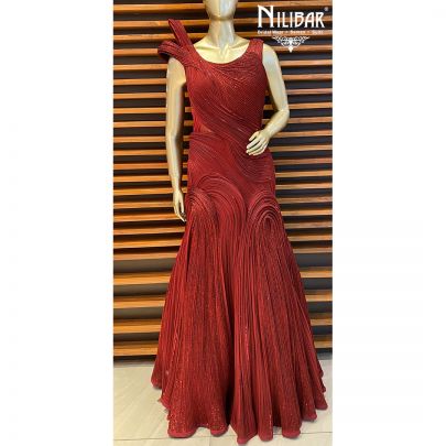Cherry Red Net Gown embellished with Cutdana work.