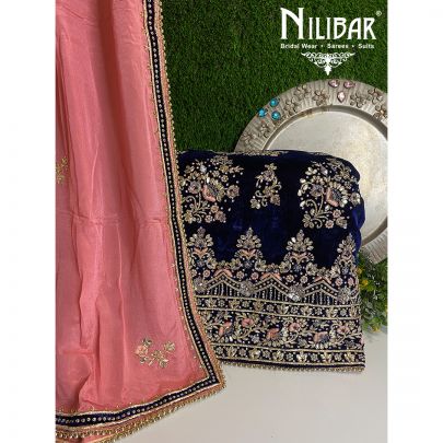 Berry  Blue and Salmon Pink Velvet Unstitched Suit