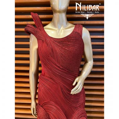 Cherry Red Net Gown embellished with Cutdana work.