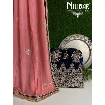 Berry  Blue and Salmon Pink Velvet Unstitched Suit