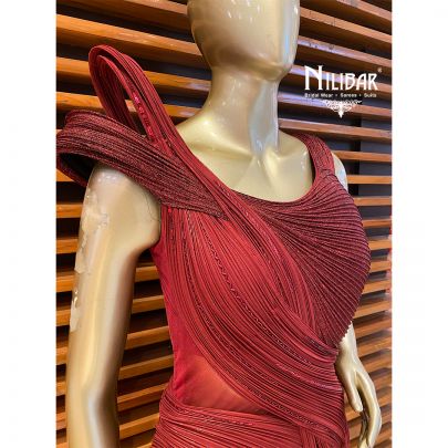 Cherry Red Net Gown embellished with Cutdana work.