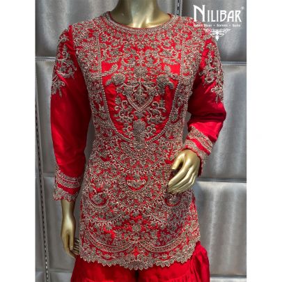 Rose Red Silk and Organza Sharara Set