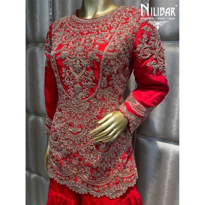 Rose Red Silk and Organza Sharara Set