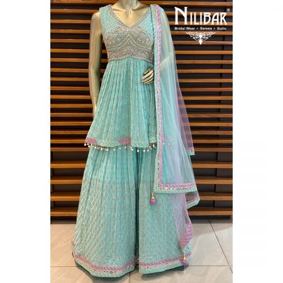 green Turquoise Georgette Peplum Lehenga