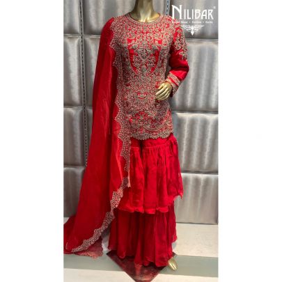 Rose Red Silk and Organza Sharara Set