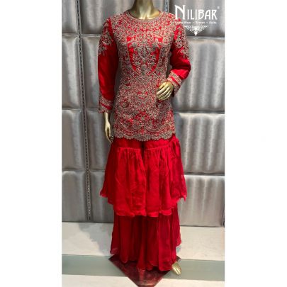 Rose Red Silk and Organza Sharara Set