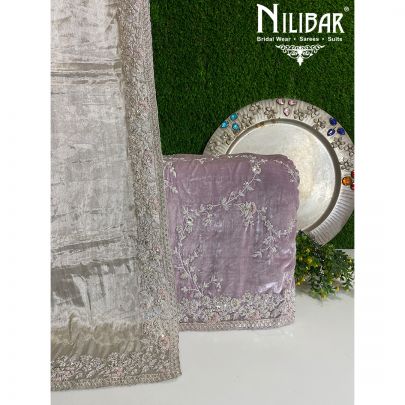 Silver Grey Velvet and Chinon Unstitched suit