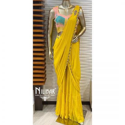 Yellow Silk and Georgette Draped Saree