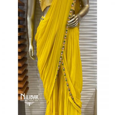 Yellow Silk and Georgette Draped Saree
