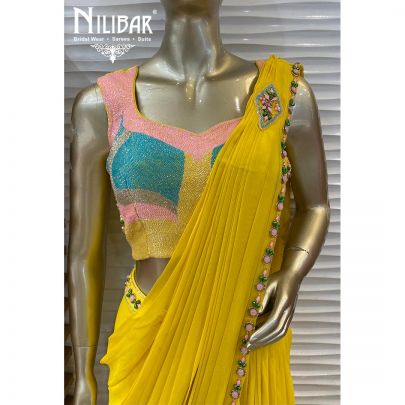 Yellow Silk and Georgette Draped Saree