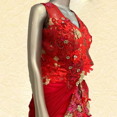 Red Magenta Draped Style Lehenga