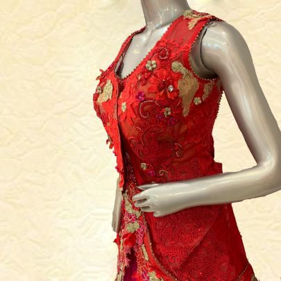 Red Magenta Draped Style Lehenga