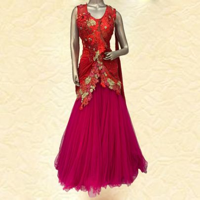 Red Magenta Draped Style Lehenga