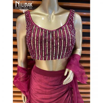 Wine Satin Draped Saree