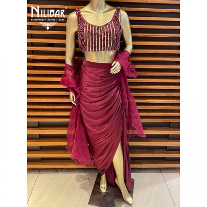 Wine Satin Draped Saree