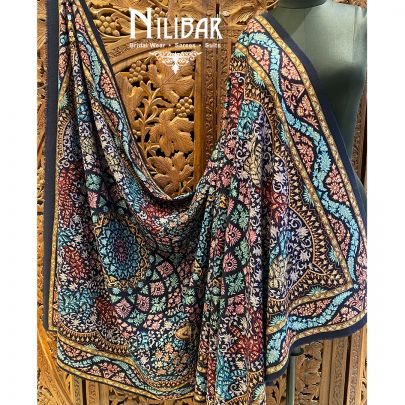 Midnight Blue Pure Pashmina Shawl embellished with hand work.