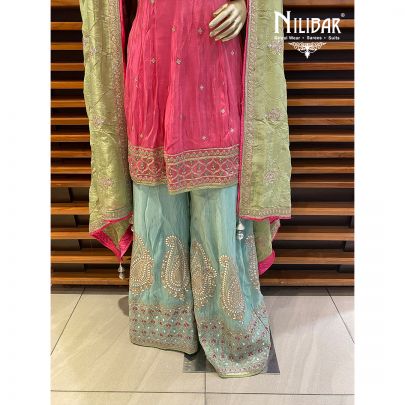 Punch Pink and sage Green Silk Palazzo Suit