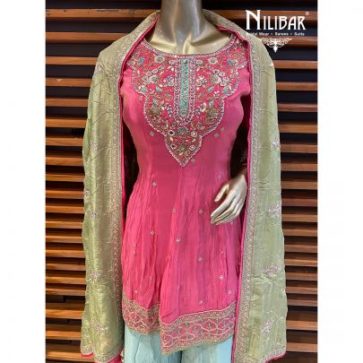 Punch Pink and sage Green Silk Palazzo Suit