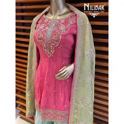 Punch Pink and sage Green Silk Palazzo Suit
