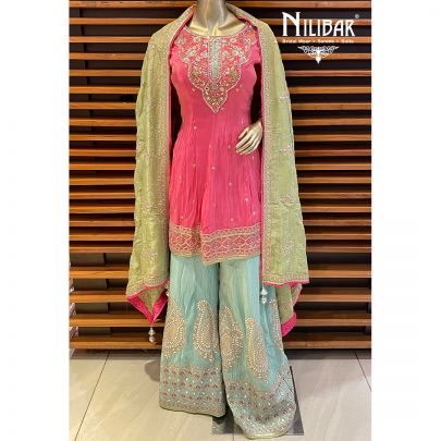 Punch Pink and sage Green Silk Palazzo Suit