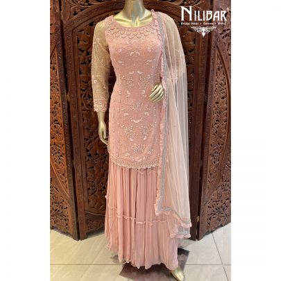 Salmon Pink Georgette and Net Sharara Suit