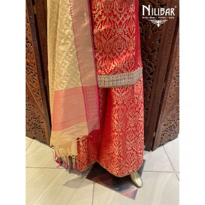 Rose Red Brocade Silk Palazzo Suit