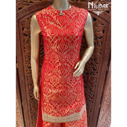 Rose Red Brocade Silk Palazzo Suit