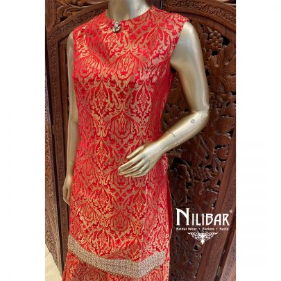 Rose Red Brocade Silk Palazzo Suit