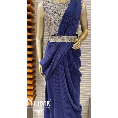 Navy Blue Silk and Lycra Draped Saree