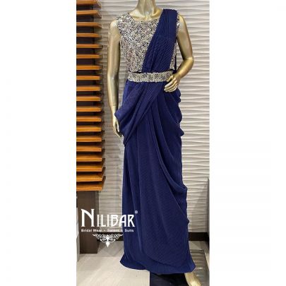 Navy Blue Silk and Lycra Draped Saree