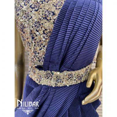 Navy Blue Silk and Lycra Draped Saree