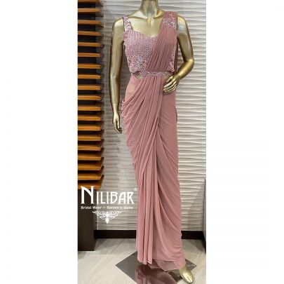 Salmon Pink Net and Lycra Draped Saree