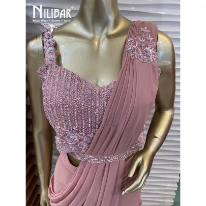 Salmon Pink Net and Lycra Draped Saree