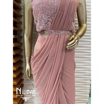 Salmon Pink Net and Lycra Draped Saree